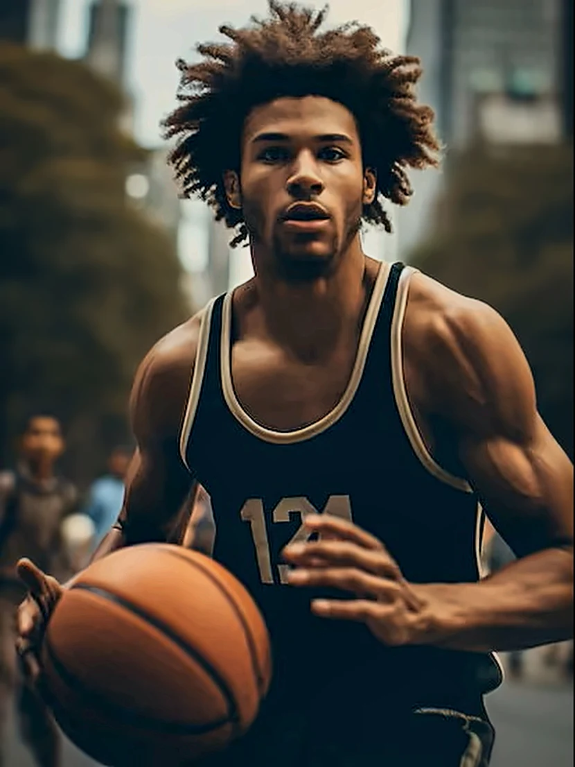 Illustration of a basketball player driving with the ball on a city court