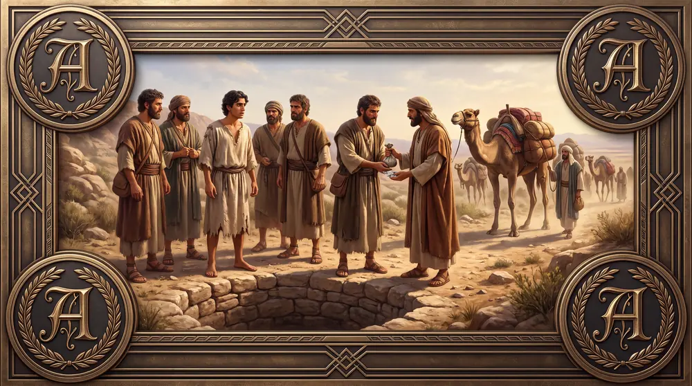 Joseph Sold by His Brothers, an Ancestor Artifact in a bronze frame with Asher's Harvest A medallions
