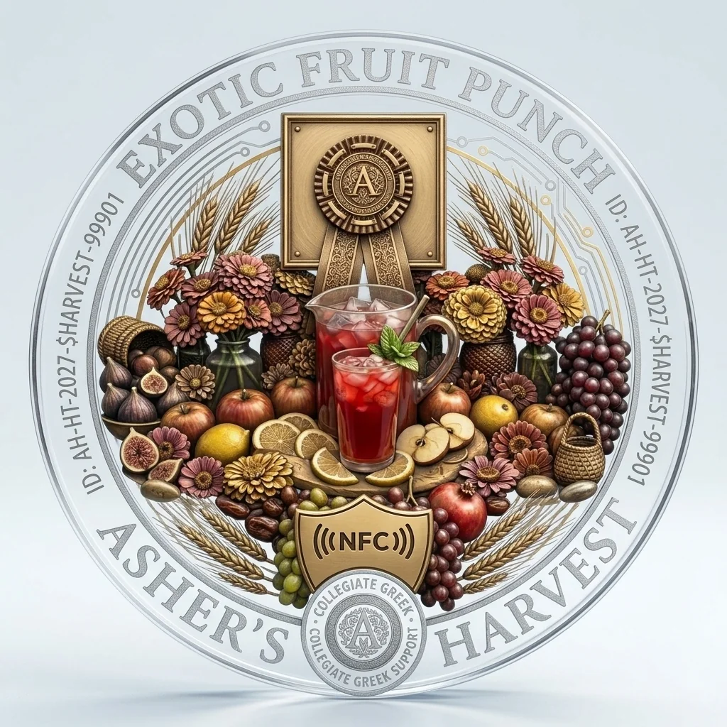 The Chapter Excellence Award: a clear crystal disc etched with Asher's Harvest and Exotic Fruit Punch around a fruit punch centerpiece, an NFC shield, and a Collegiate Greek seal