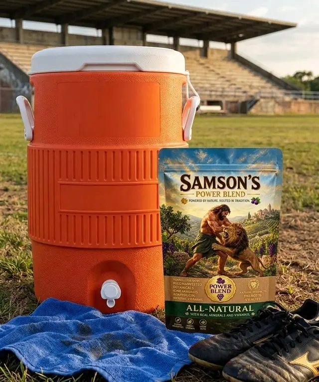 An orange team water cooler on a field beside a Samson's Power Blend pouch, a towel, and cleats